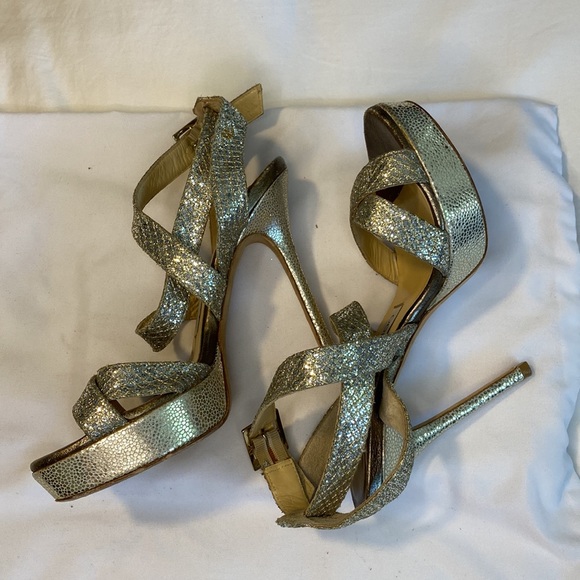 Jimmy Choo Silver Glitter Platform Stiletto Strappy Sandals - Picture 5 of 13